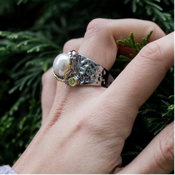 NEW Italian Jewelry Olivine Pearl Ring - Picture 7 of 14